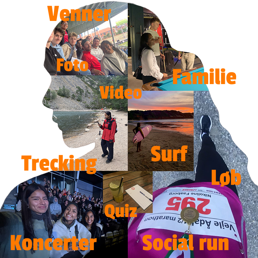 Collage med fritidsinteresser i silhuet af Nikoline